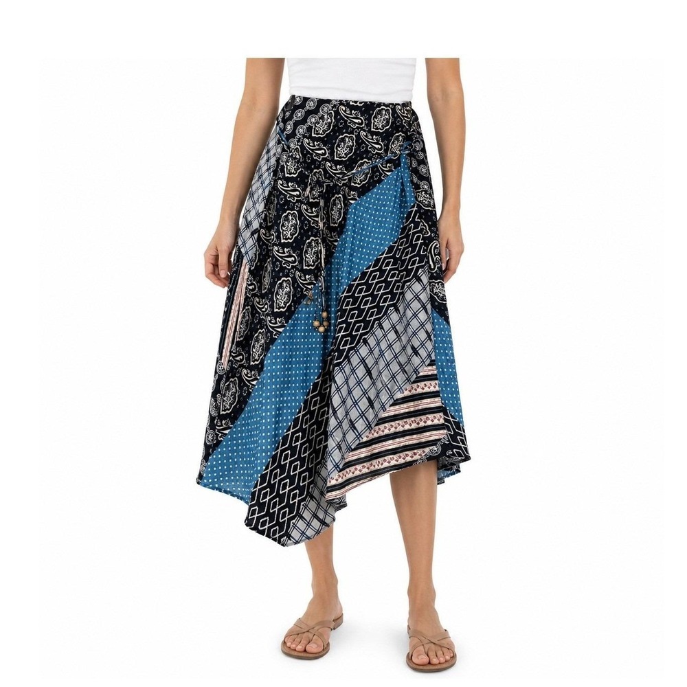 Work To Weekend Women Blue Patchwork Paisley Handkerchief Hem Midi Skirt Size 12